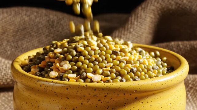 Close-up shot of mung beans being poured into a yellow ceramic bowl on a burlap surface.