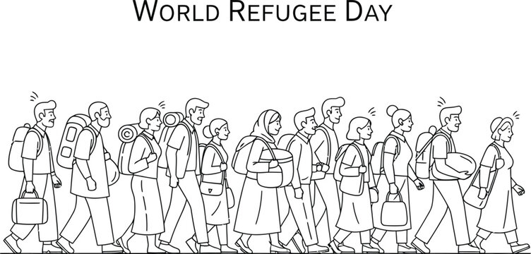 Group of people carrying backpacks and bags while walking forward to represent the annual observance of world refugee day event