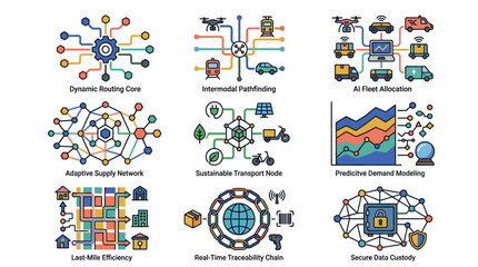 Fototapeta premium Vector Icon Set of Dynamic Routing, Integrated Patterning, and Data Analysis for Technology Concept