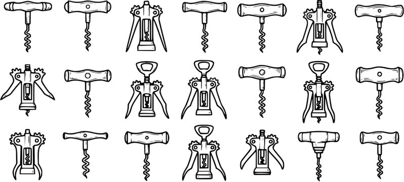 Black and White Line Art of Various Corkscrews on White Background, Kitchenware and Bar Accessory