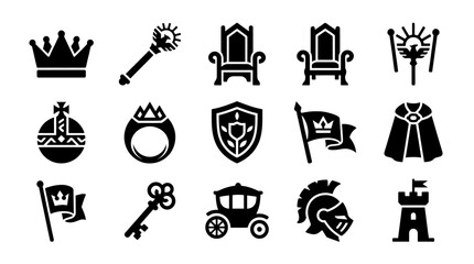 Obraz premium Vector Illustration of Medieval Crown, Scepter, Thrones, and Castle Symbols in Classic Style