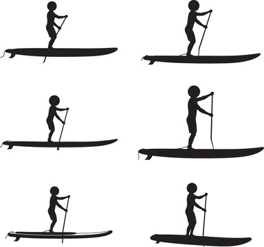 Set of silhouettes of people stand up paddle boarding