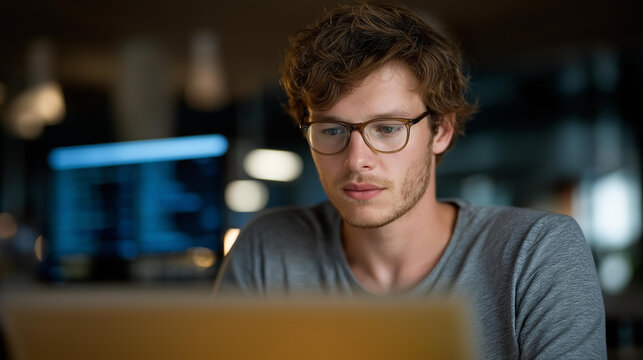 Professional data engineer working on code for AI infrastructure, surrounded by glowing blue network lights and high-end hardware systems. cinematic color correction, natural uneven lighting yet
