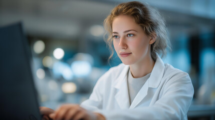 Fototapeta premium Professional biotechnologist conducting experimental analysis via computer interface, background showing pharmaceutical conveyor systems and precision robotics. cinematic color correction, natural