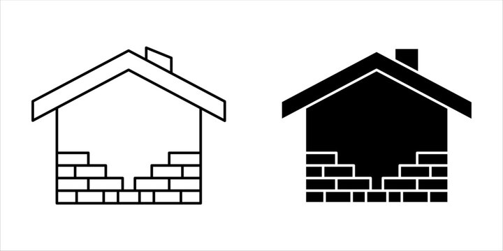 Real estate construction and house building icon set with brickwork detail. Professional minimalist line art and solid glyph style for property development, renovation, and industrial workforce projec