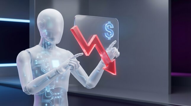 Circuit AI robot pointing at red downtrend arrow with glowing blue dollar icon on glass panel, 3D render