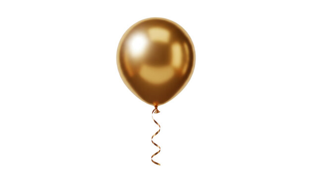 Metallic gold balloon with curly ribbon, elegant golden party balloon for anniversary celebration, luxury festive balloon decoration for events isolated on Transparent Background
