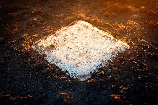 worn white baseball base embedded in dark scuffed dirt bathed in warm golden light, quiet nostalgic mood