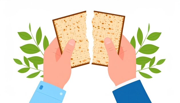 Hands Breaking Matzah Bread with Green Leaves Symbolizing Passover Celebration.