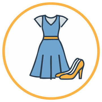 Icon of Blue Dress and Yellow Heels on Circular White Background