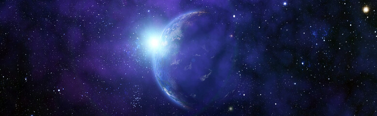 Naklejka premium Captivating space panorama: sunrise over an unknown blue planet against the backdrop of a galaxy and starry nebula