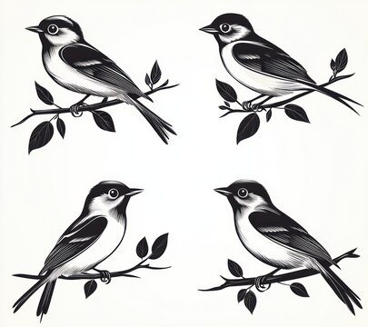 Four elegant black and white songbirds perched on leafy branches, engraved line art conveying a calm peaceful mood