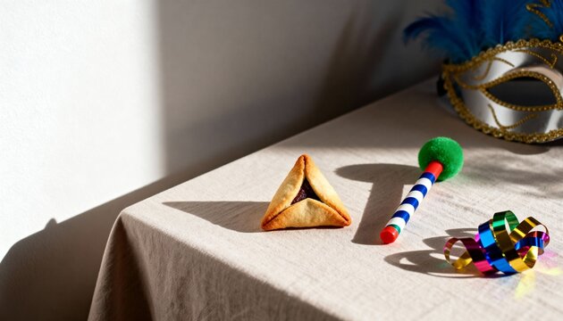 Purim holiday still life with hamantash cookie and noisemaker. Traditional Jewish celebration with masquerade mask and colorful ribbon on linen tablecloth. Copy space for text