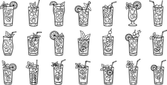 Food and Drink Industry Black and White Line Art Set of Refreshing Summer Cocktails and Beverages with Mint, Lime, and Ice