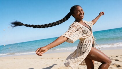 Obraz premium Happy young Black woman with a long braid smiling on the beach. Joyful person enjoying a summer vacation by the ocean. Skincare and wellness concept