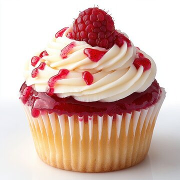 vanilla cupcake with swirled white buttercream, raspberry sauce drizzle and a fresh raspberry on top, bright tempting and indulgent dessert