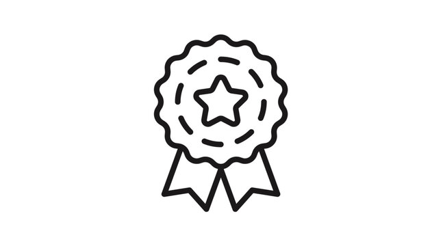 Award badge vector icon with a star in the center and hanging ribbons, minimalist black line art illustration representing achievement, quality, success, first place, and excellence.
