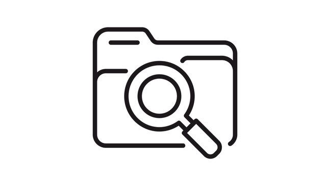 Vector icon illustration of a file folder with a magnifying glass, representing document search, data discovery, and file management in a clean, minimalist black line art style on white.