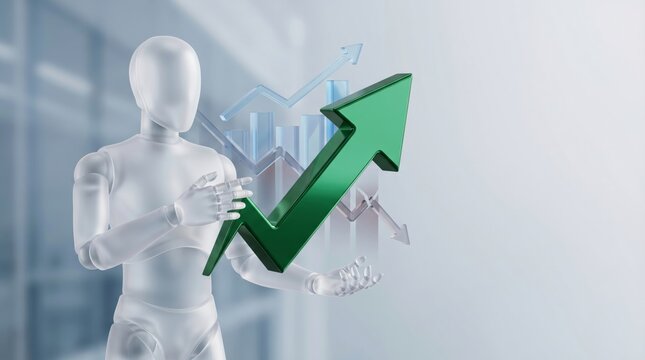 Translucent AI robot holding large solid green uptrend arrow with glass bar chart, office background 3D render