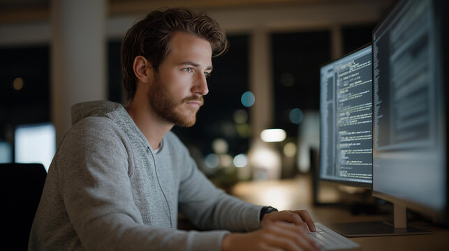 Focused programmer building cybersecurity tools using Python, workstation surrounded by large monitors and secure server stacks. cinematic color correction, natural uneven lighting yet gentle