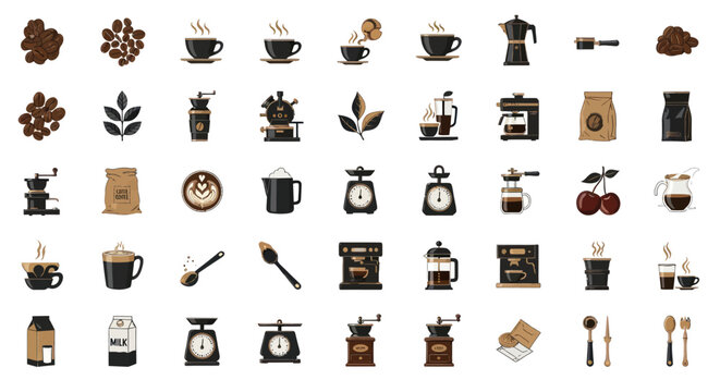 Coffee Icons: Beans, Cups, Machines, Grinders, Cherries, and Brewing Equipment