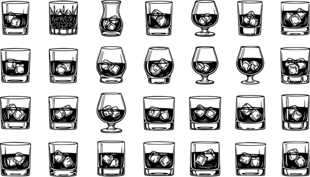 Black and White Line Art of Assorted Whiskey Glasses with Ice Cubes - Alcohol Beverage Vector