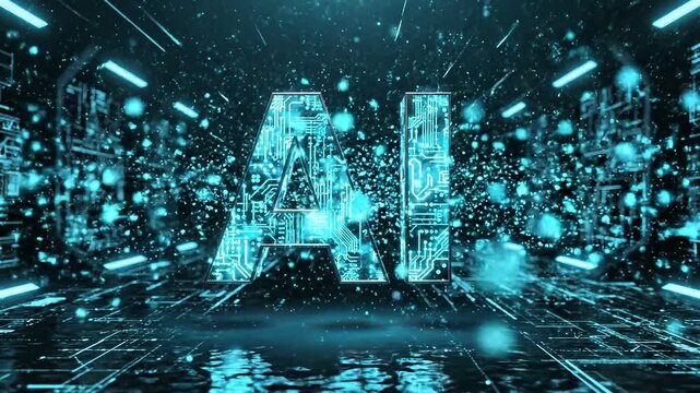 Futuristic animated ai text loop in neon wireframe style with digital background 4k video