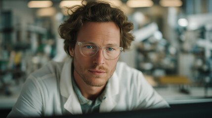 Obraz premium Scientist working with 3D molecular visualization program, background showing automated robotic arms assembling semiconductor chips and medical devices. cinematic color correction, natural uneven