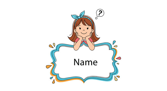 Thoughtful young girl with a blue bow headband leaning on a blank name tag frame with a question mark bubble above her head.