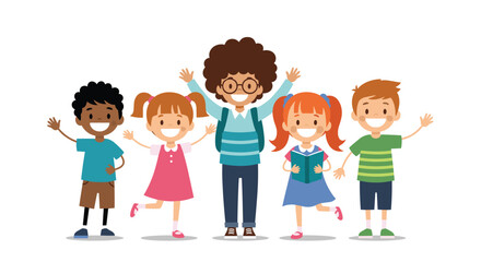 Obraz premium Diverse group of cheerful elementary students stand together and wave their hands in a friendly gesture of greeting.