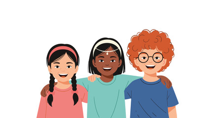 Fototapeta premium Three children of different ethnic backgrounds stand close together with arms around each other to show strong friendship.