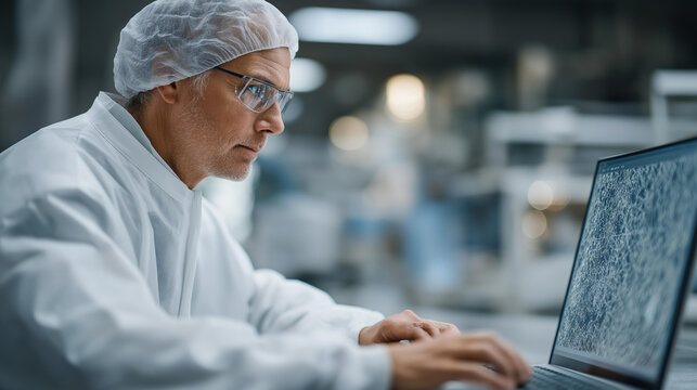 Male researcher in sterile suit reviewing molecular diagrams on digital screen, innovative laboratory combining pharma production and semiconductor development. cinematic color correction, natural