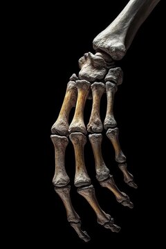weathered human foot skeleton showing metatarsals and phalanges against black background, eerie and clinical atmosphere