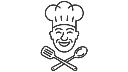 Obraz premium Chef face logo with crossed spoon and spatula line icon for restaurant cooking