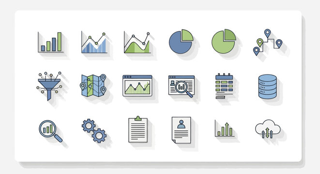 Data Analysis Icons Set: Charts, Graphs, Calendar, Cloud, Database, Gears, Magnifier