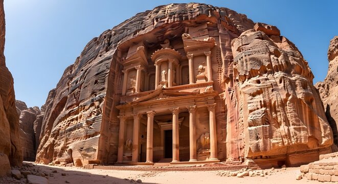 Majestic Al-Khazneh, The Treasury, in Petra, Jordan, an iconic ancient rock-cut architectural wonder carved into sandstone cliffs under a clear sky