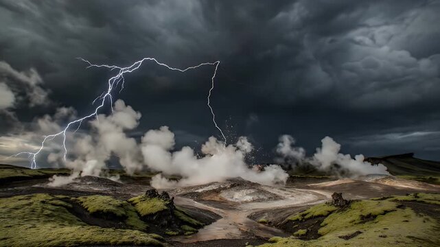 Dramatic dark storm clouds loom over a geothermal landscape with steam vents and a powerful lightning strike illuminating the