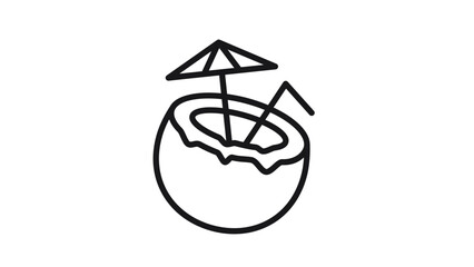 Minimalist black vector icon illustration of a tropical coconut cocktail with a straw and umbrella, perfect for summer vacation, beach party, and exotic travel themes on a white background. © watsons