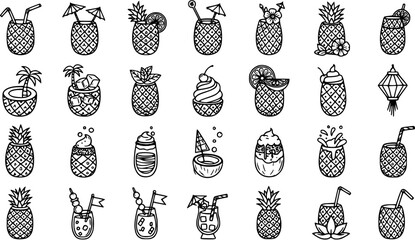 Black and White Line Art Icons Set: Tropical Summer Food and Drink Theme with Pineapple Cocktails, Smoothies, Beverages, and Holiday Vacation Doodles. © pixsource