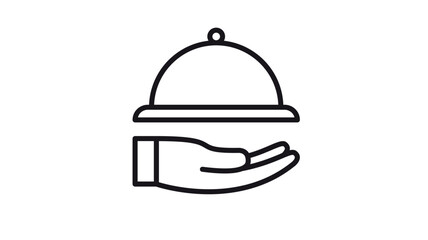 Fototapeta premium Minimalist black vector icon illustration of a hand holding a cloche food cover, representing catering service, restaurant hospitality, gourmet dining, and professional waiter delivery.