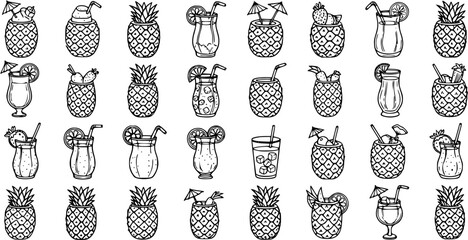 Food  Drink Hand-drawn Black and White Line Art Vector Set: Tropical Pineapples, Cocktails, and Summer Beverages Illustrations © pixsource
