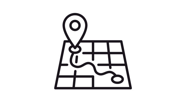 Minimalist black line vector icon illustration of a map grid featuring a winding navigation route and a location pin marker, perfect for travel planning, GPS tracking, and destination concepts.