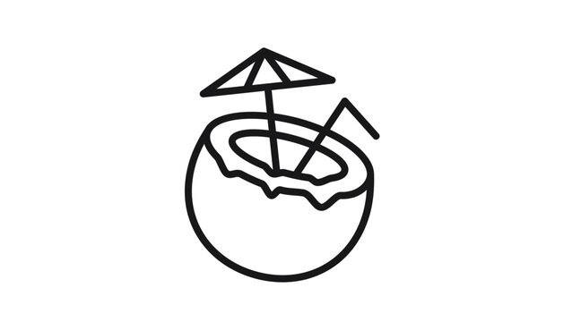 Minimalist black vector icon illustration of a tropical coconut cocktail with a straw and umbrella, perfect for summer vacation, beach party, and exotic travel themes on a white background.