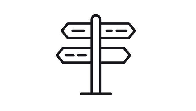 Directional signpost vector icon illustration. Minimalist black line art of a street sign with arrows pointing left and right. Symbol for navigation, travel, guidance, and decision making.