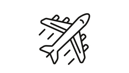 Minimalist black line art vector icon of an airplane in flight with motion lines, representing aviation, travel, transport, and air cargo, isolated on a white background for graphic design. © watsons