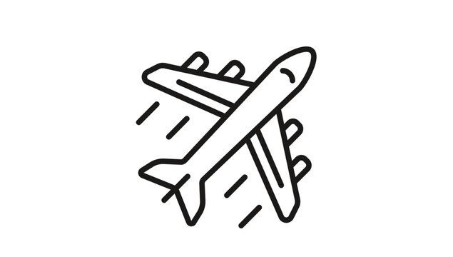 Minimalist black line art vector icon of an airplane in flight with motion lines, representing aviation, travel, transport, and air cargo, isolated on a white background for graphic design.