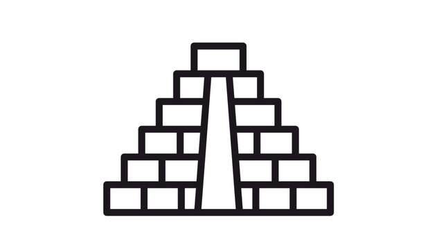 Ancient Mayan or Aztec stepped pyramid temple vector icon illustration, minimalist black line art symbol of Mexican archaeological heritage, historical architecture, and Mesoamerican civilization.