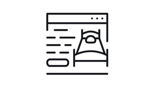 Online hotel booking vector icon illustration featuring a bed inside a web browser window, representing digital room reservation, travel accommodation website, and hospitality services.