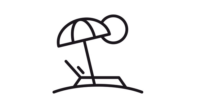 Minimalist black vector icon illustration of a beach scene featuring a sun umbrella, a deck chair, and the sun, perfect for summer travel, vacation, holiday, and leisure-themed graphic designs.