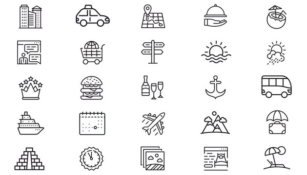 25 Black Vector Icon Set Bundle for Travel, Business, Food and Lifestyle. Minimalist Line Art Symbols featuring Taxi, Airplane, Burger, Cocktail, City Skyline, Map, Weather and Service Icons.